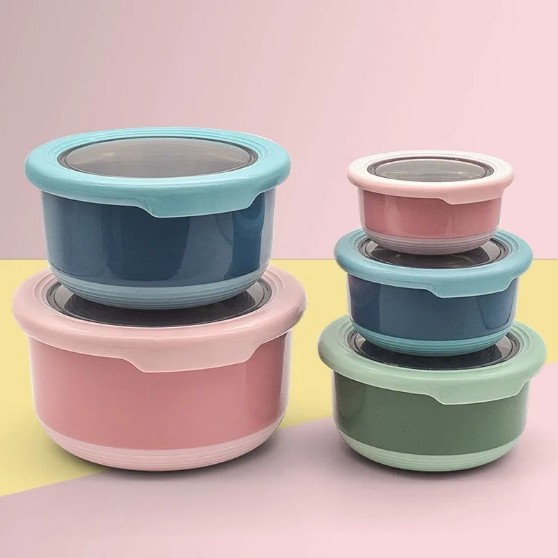 Food Storage Tupperware - สแตนเลส Crisper รอบพร้อมฝาปิดนักเรียนชามโจ๊ก Office Worker กล่องอาหารกลางวันอาหารตู้เย็นชามสด