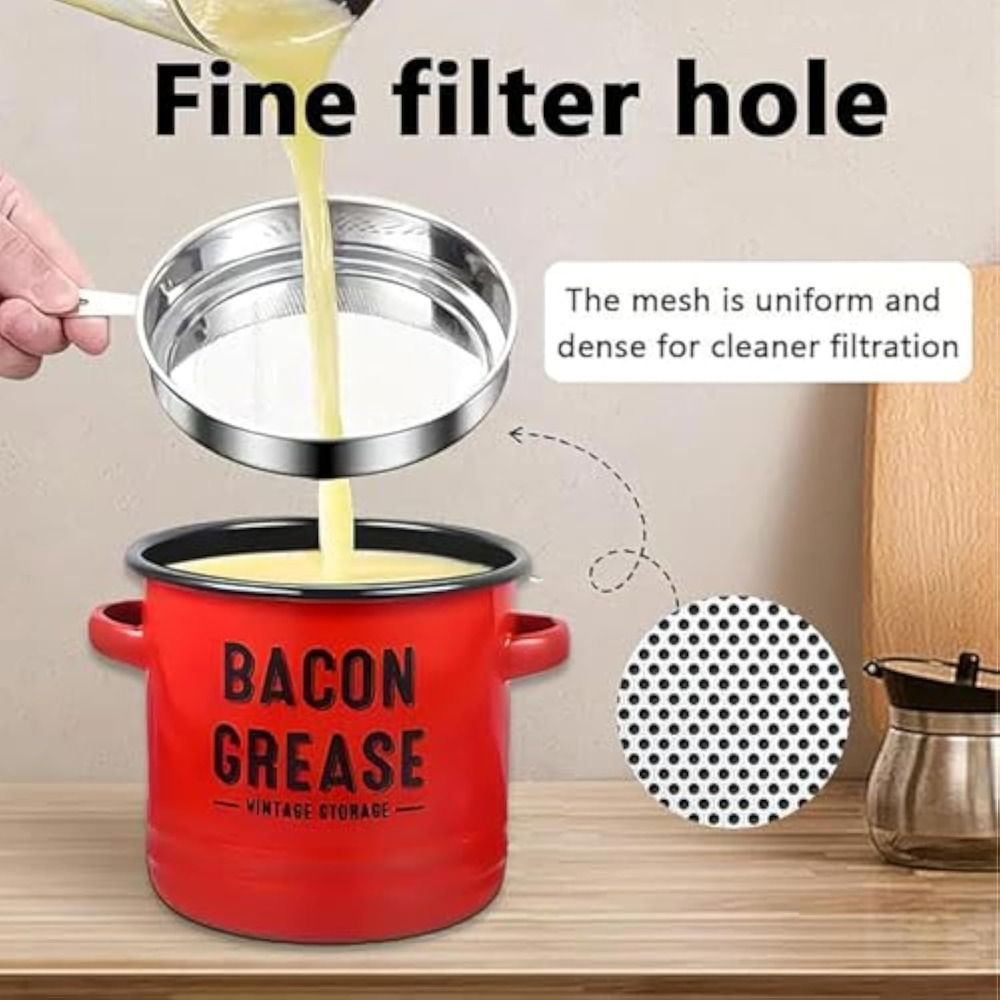 Food Storage News - ภาชนะใส่ไขมันเบคอนขนาดใหญ่ 46 ออนซ์ พร้อมที่กรอง สำหรับเก็บไขมันในครัว กระป๋องเก็บน้ำมันเคลือบเอนาเมล