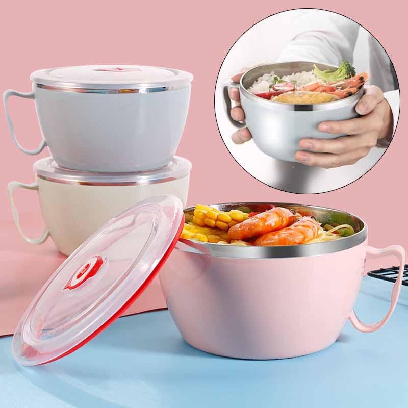 Food Storage Tupperware - สแตนเลสแบบพกพาพร้อมฝาปิดชามบะหมี่กึ่งสําเร็จรูปฉนวนคู่ Anti-scald กล่องอาหารกลางวันอุปกรณ์ครัว