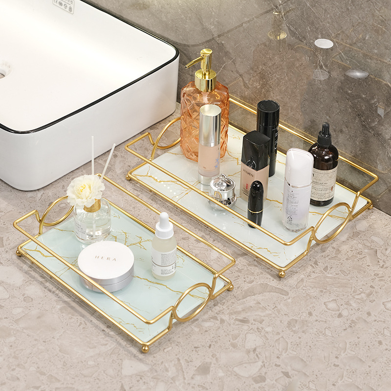 Food Storage Room - Luxury Gold Plated รูปสี่เหลี่ยมผืนผ้าห้องน้ำถาดเก็บเครื่องสำอาง Rack ตกแต่งห้องนั่งเล่นเดสก์ท็อป