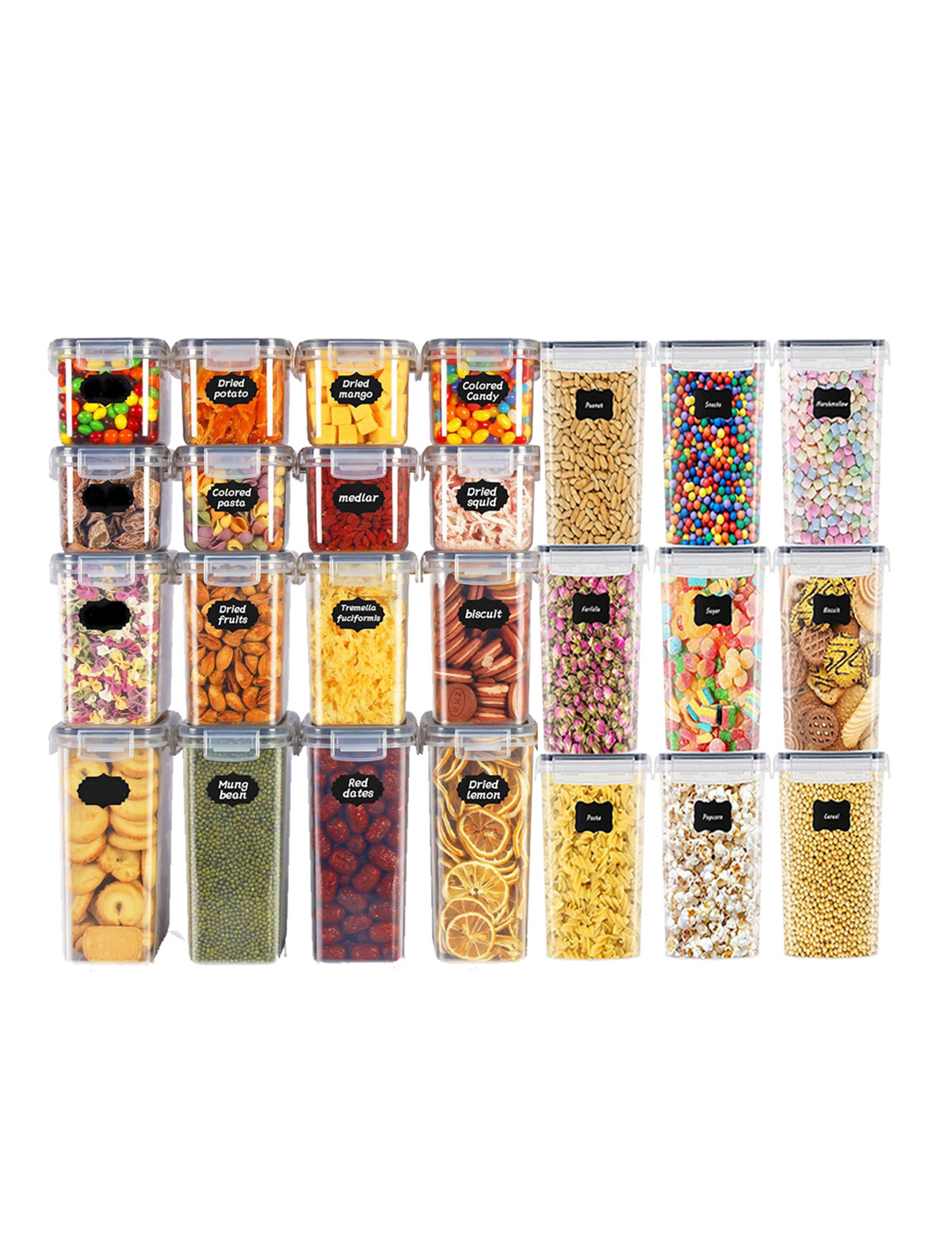 Food Storage Jars & Containers - 48 ชิ้น, ภาชนะเก็บอาหารแบบมีฝาปิด, ภาชนะพลาสติกสำหรับห้องครัว, กระปุกเก็บของแห้งสำหรับแลคโตส, ธัญพืช,