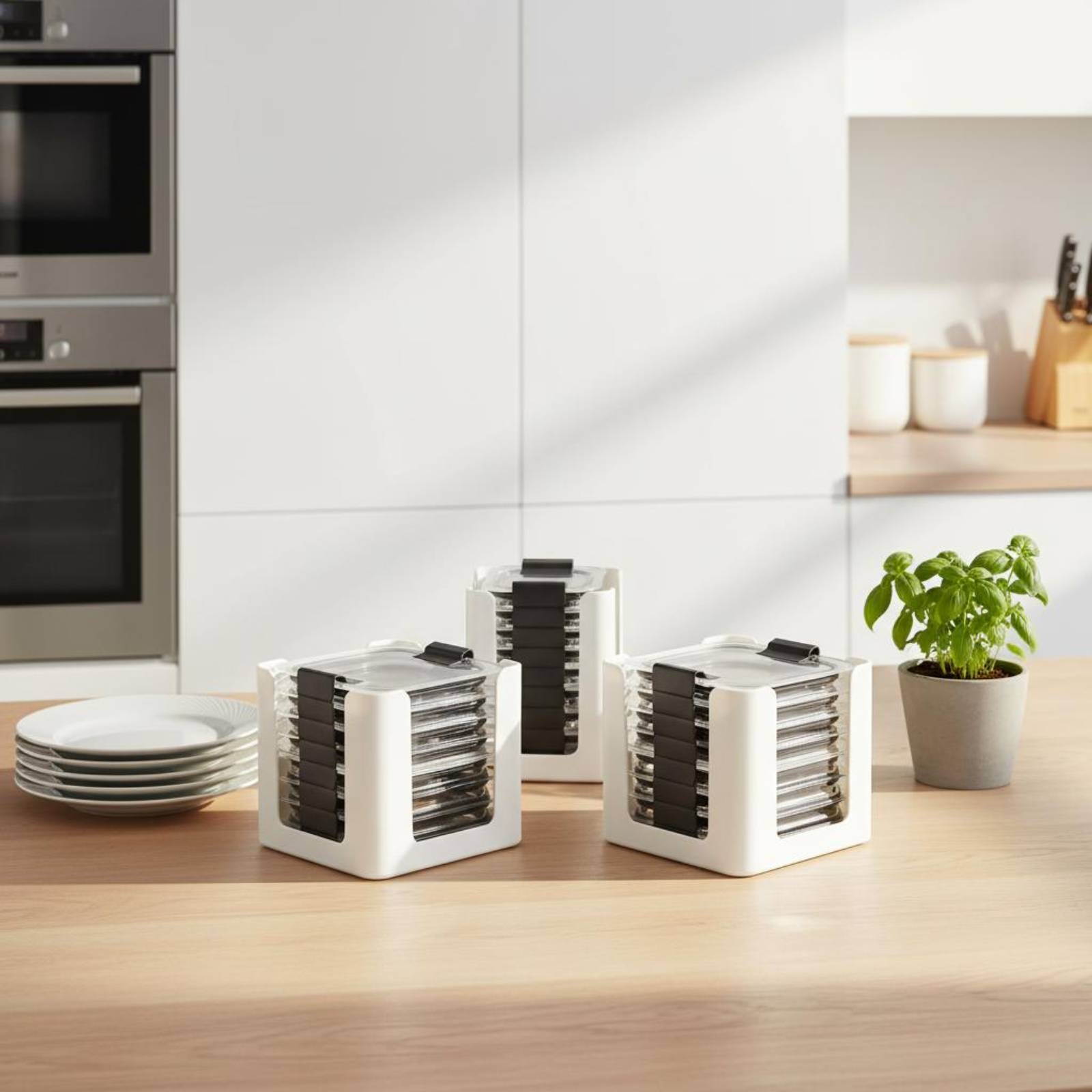 Food Storage With Lids - ชั้นวางฝาปิดภาชนะ 3 ชิ้น สำหรับจัดเก็บฝาภาชนะทรงสี่เหลี่ยมผืนผ้า ช่องเปิดทรงกลม-สี่เหลี่ยม ปลอดสาร